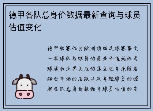 德甲各队总身价数据最新查询与球员估值变化
